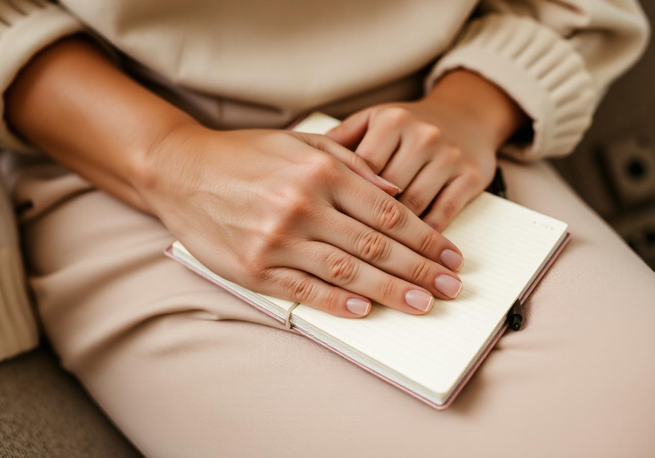 Hands resting on a journal — a moment of pause
