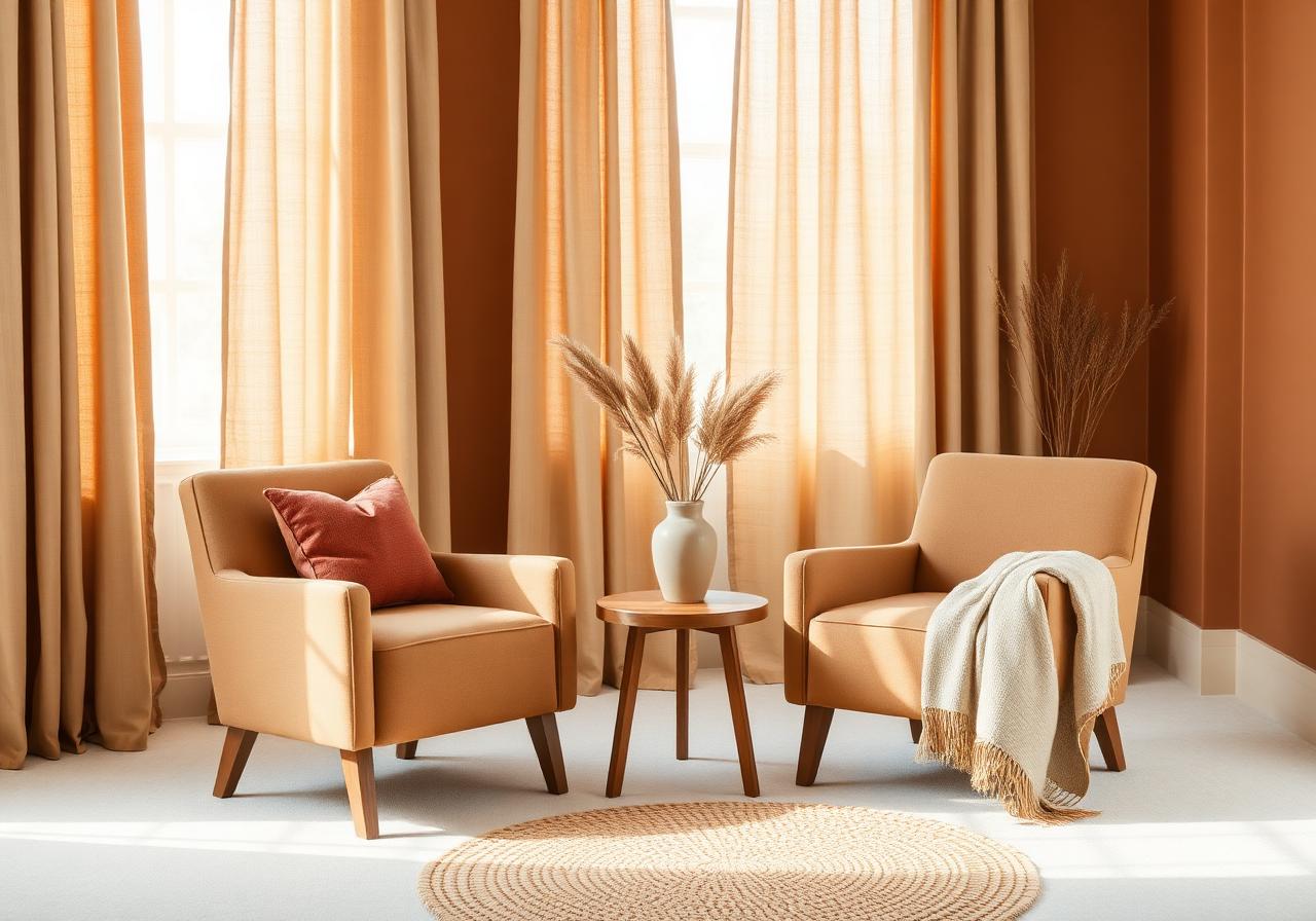 A warm, softly lit therapy office in earthy tones