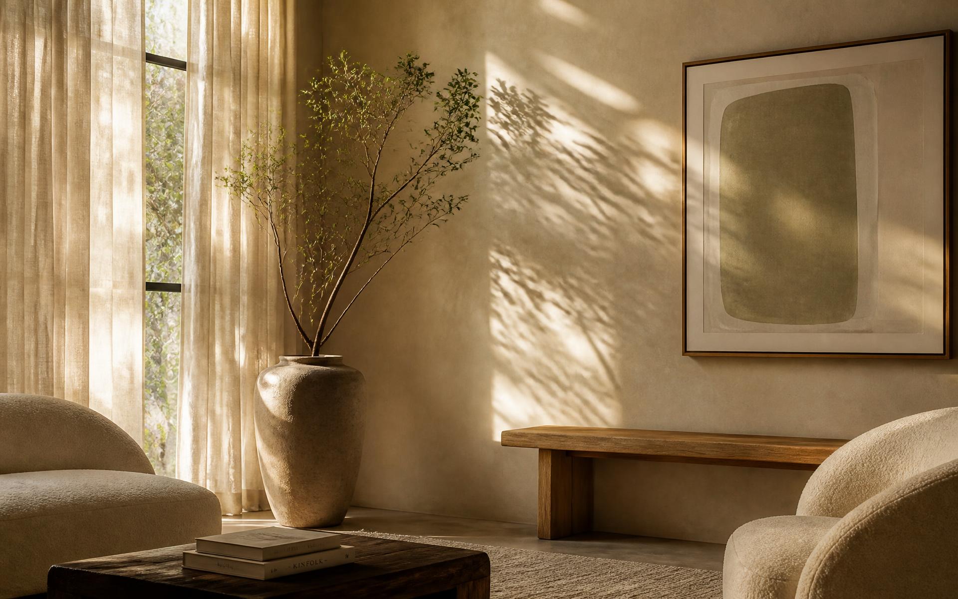 A warm therapy office corner with a wooden bookshelf, trailing plant and soft natural light