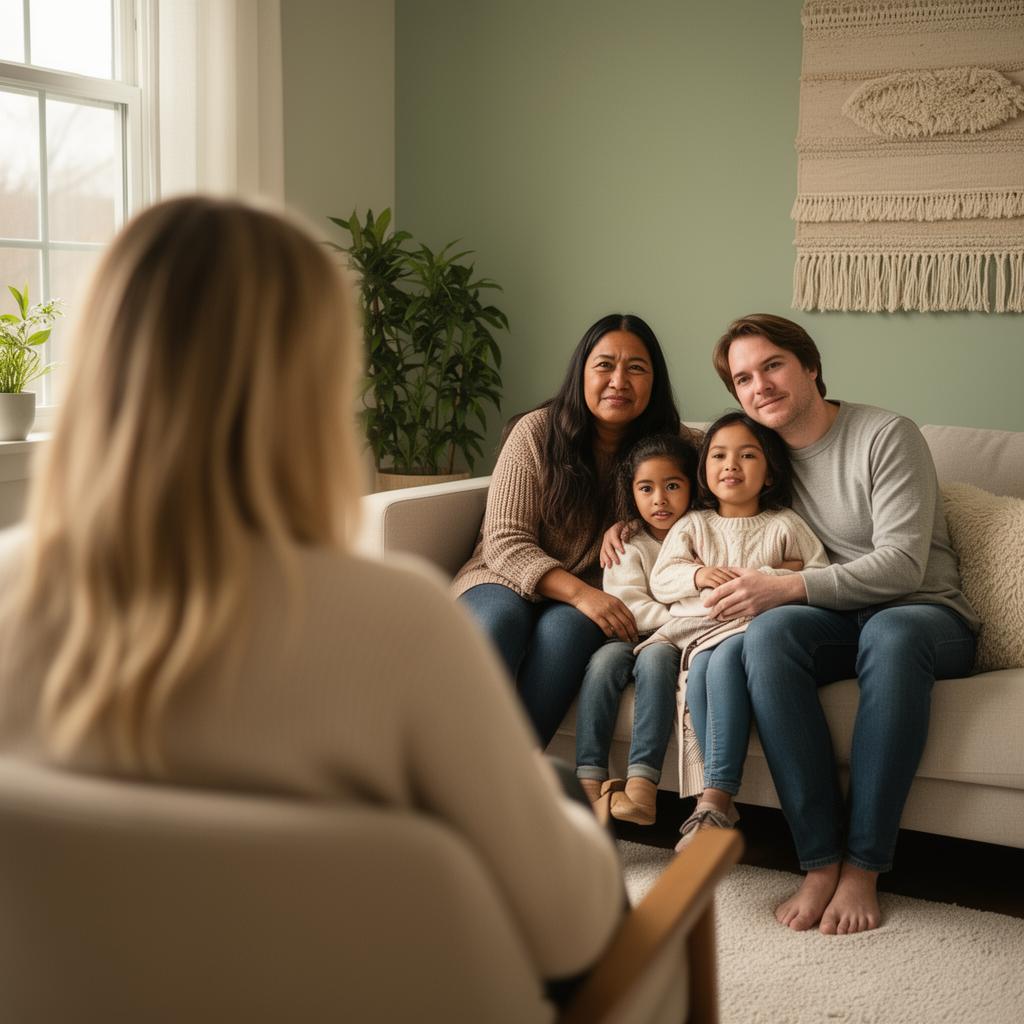 A family sitting together in warm natural light