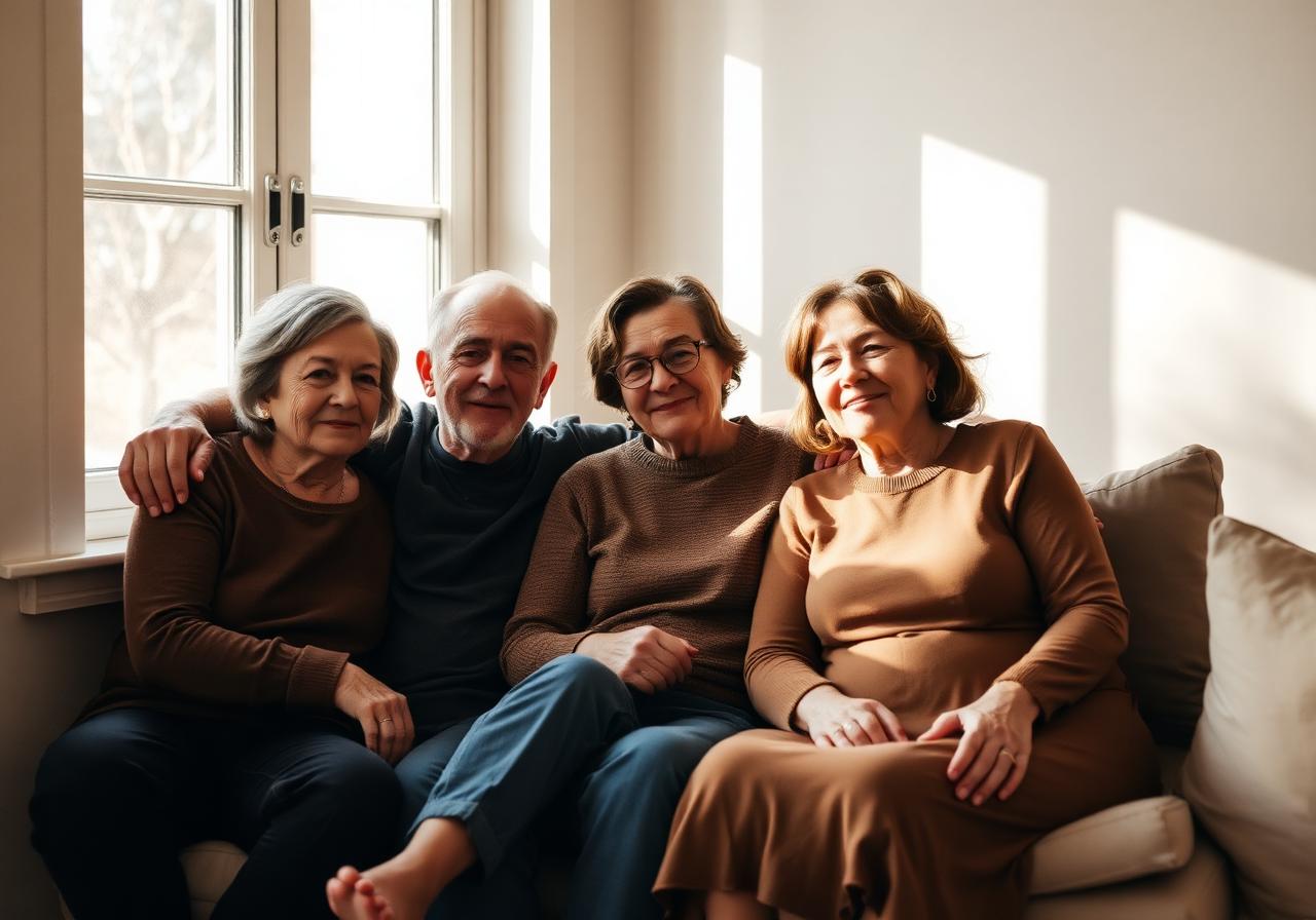 A family sitting together in warm natural light