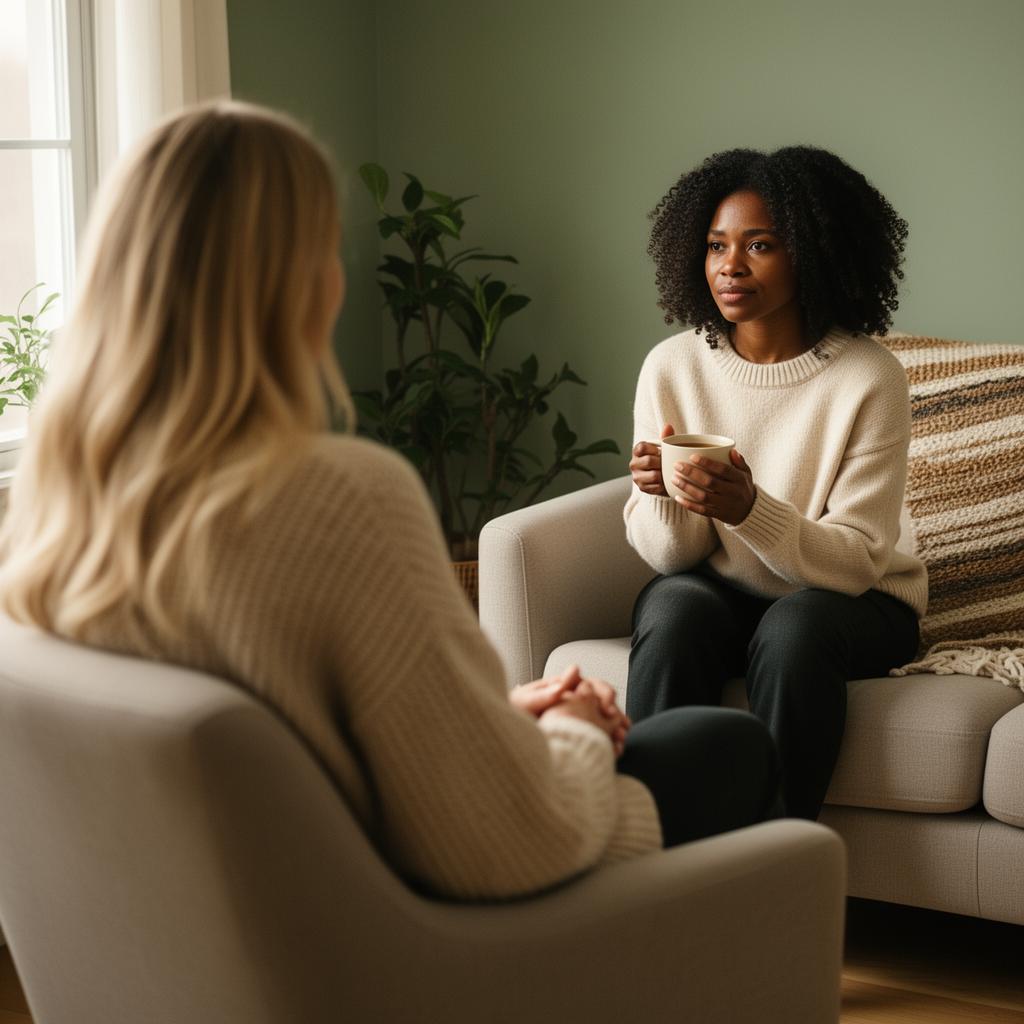 Therapist and client in a warm, calm individual therapy session