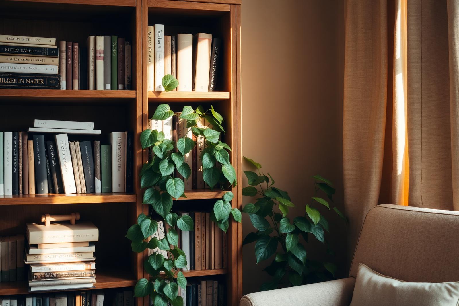 A warm therapy office corner with a wooden bookshelf, trailing plant and soft natural light