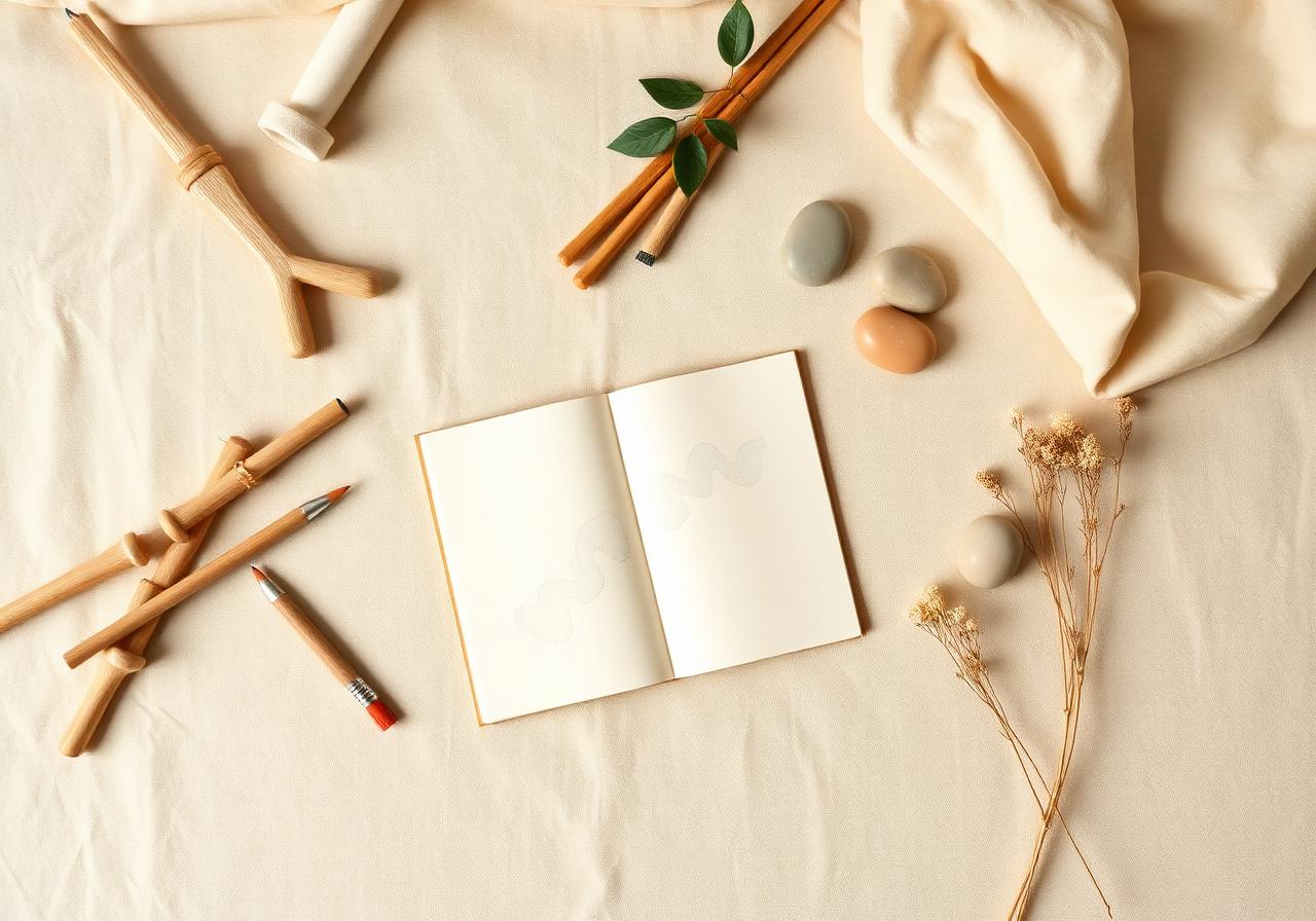 Soft flatlay of creative, play-based therapy materials