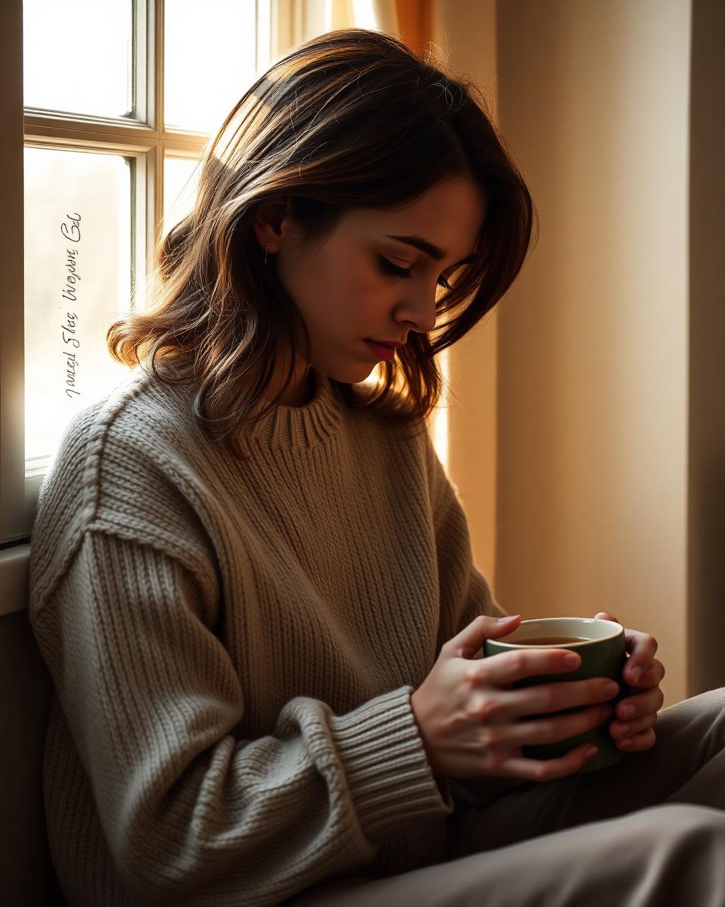 A teen sitting quietly by a sunlit window holding a warm mug