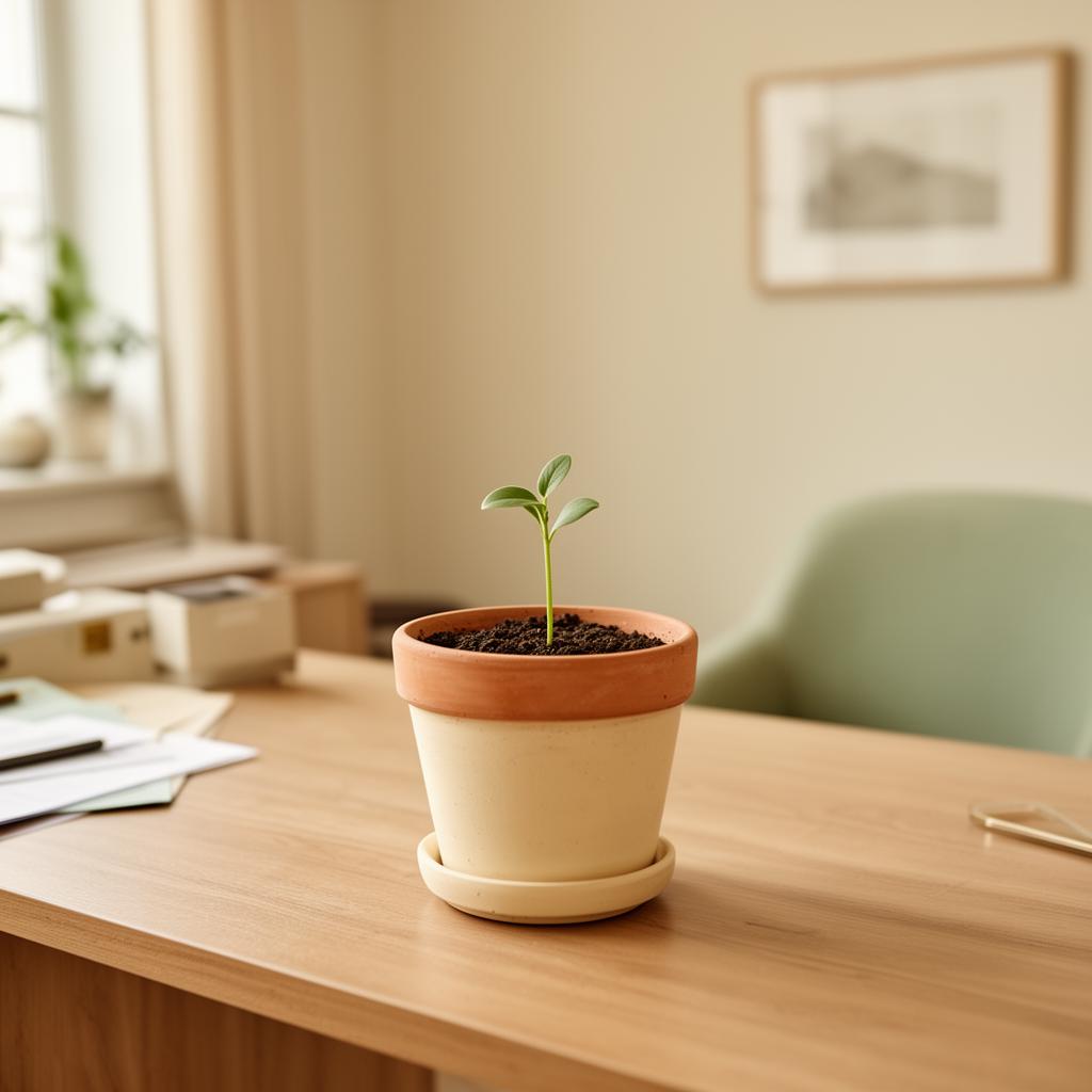 A small green plant growing on a sunlit windowsill in a warm therapy room, symbolizing a child's growth